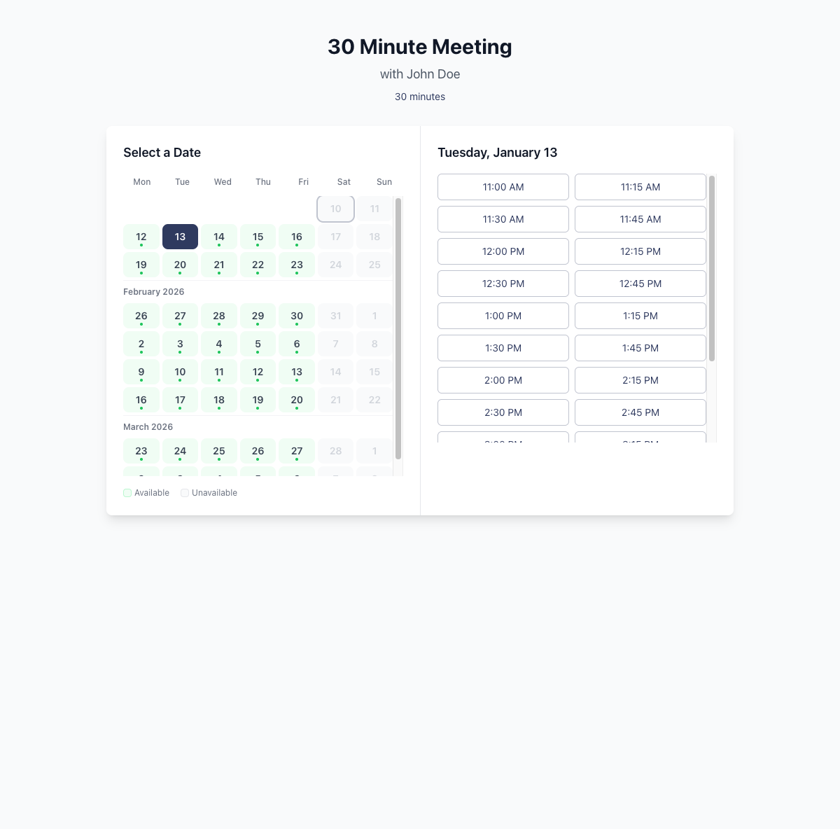 Meeter booking page with time slot selection