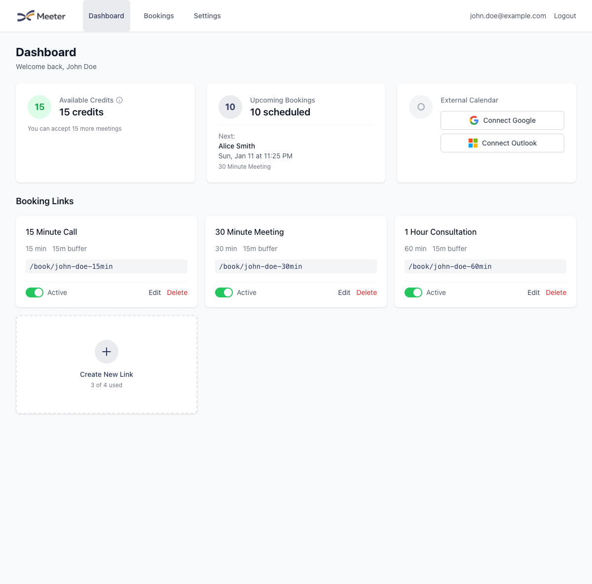 Meeter dashboard showing booking links and upcoming meetings